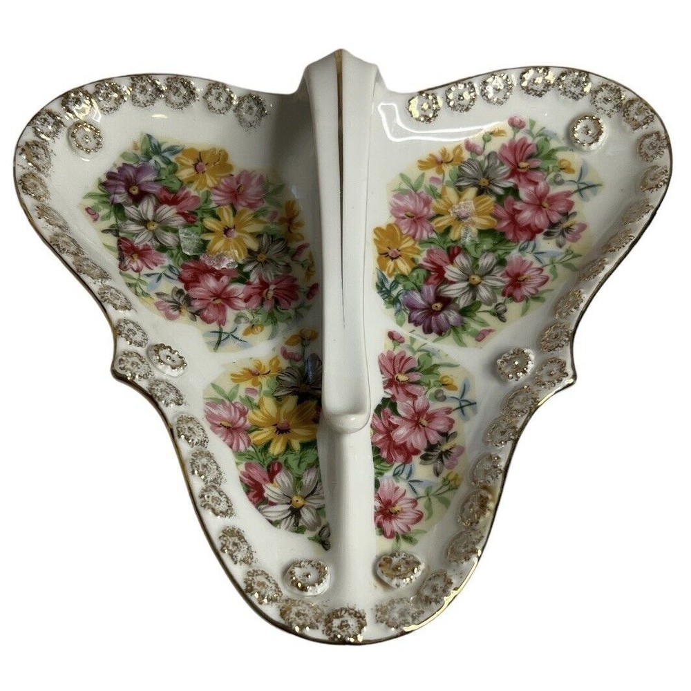 Vintage Tilso Japan Floral Trinket Dish with Handle Gold Edging Hand Painted.